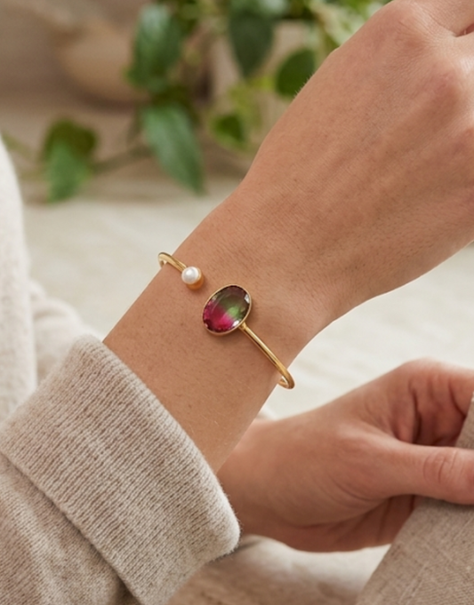 Bi-Color Tourmaline & Pearl Gold Open Cuff Brass Bracelet