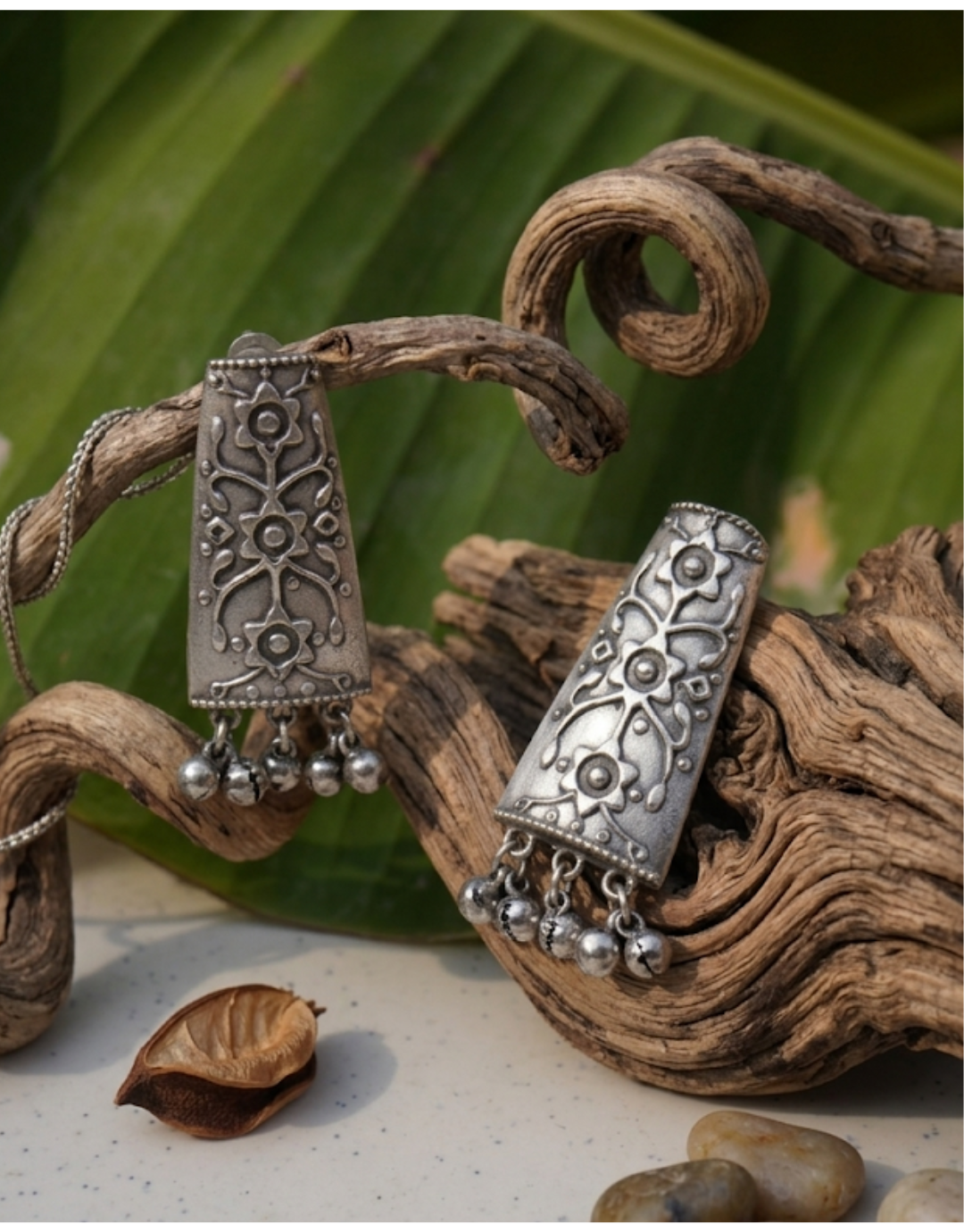 Oxidized Silver Floral Motif Earrings with Ghungroo Charms