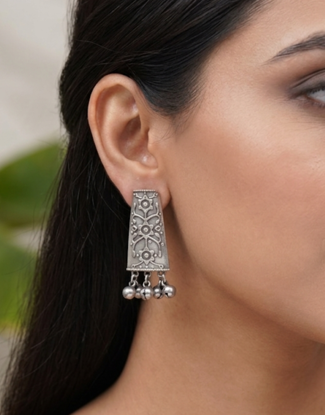 Oxidized Silver Floral Motif Earrings with Ghungroo Charms
