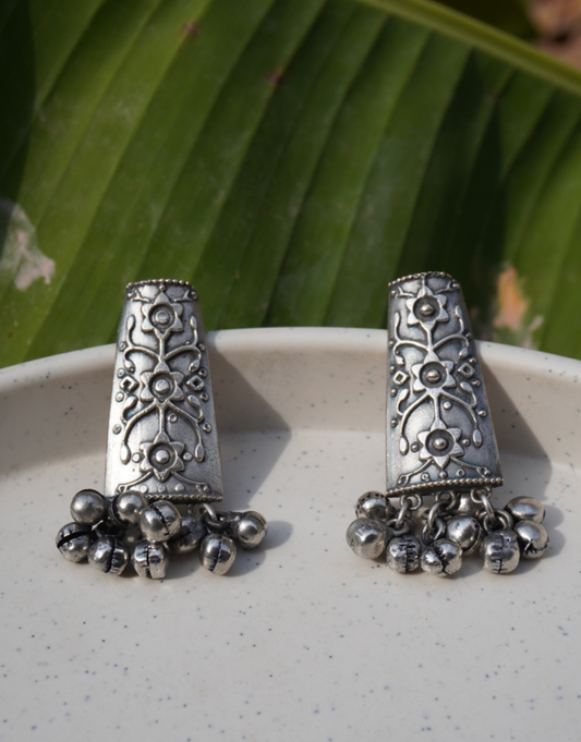 Oxidized Silver Floral Motif Earrings with Ghungroo Charms
