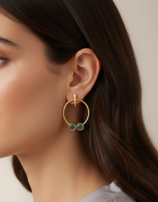Golden Circular Drop Earrings with Sea-Green Cabochons