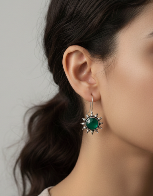 Tribal Fusion Sunburst Earrings – Antique Silver Finish with Faceted Gemstone