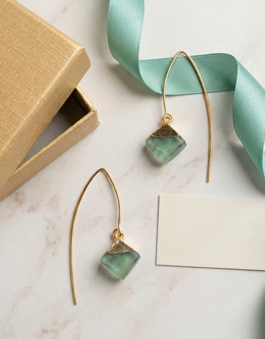 Pure Brass Raw Fluorite Gemstone Drop Earrings