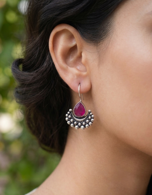 Crescent Drop Earrings with Pear-Cut Green Gemstone | Oxidized Silver