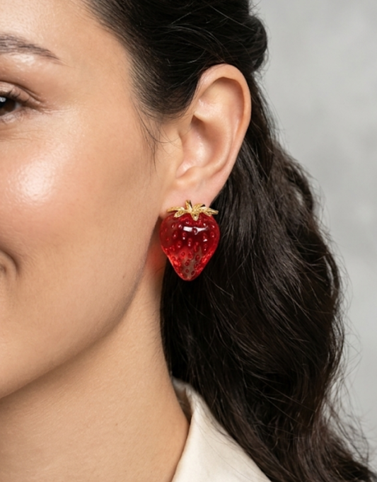 Red Resin Strawberry Earrings – Gold-Tone Leaf Accent