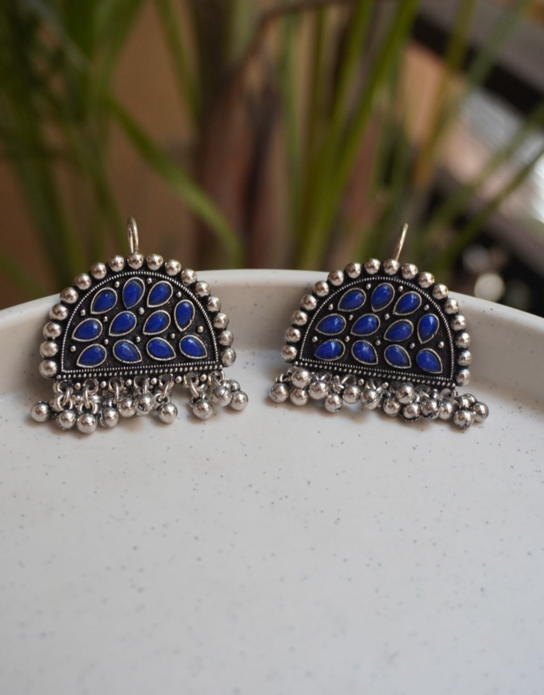 Antique Silver Half-Moon Stone Earrings