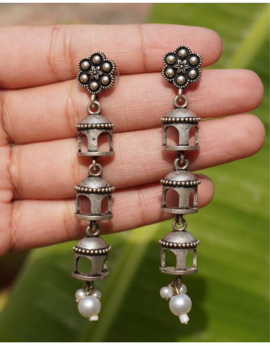 Tiered Jhumka Earrings with Pearls – Multi-Layered Tribal Drop Earrings