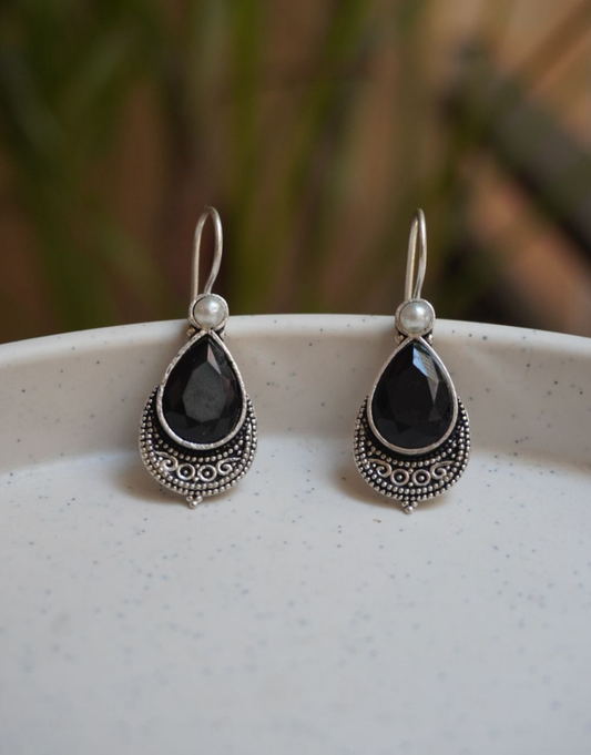 Teardrop Earrings with Black Onyx-Style Stone and Pearl Accents | Oxidized Silver
