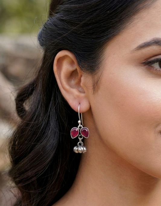 Oxidised Silver Ruby-Red Droplet Earrings