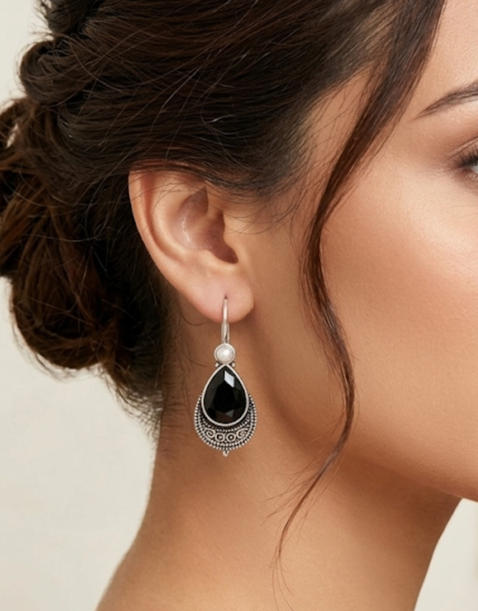 Teardrop Earrings with Black Onyx-Style Stone and Pearl Accents | Oxidized Silver