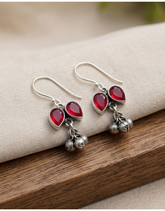 Oxidised Silver Ruby-Red Droplet Earrings
