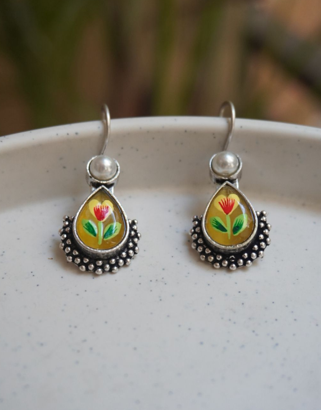 Vintage-Inspired Floral Hand-Painted Teardrop Earrings