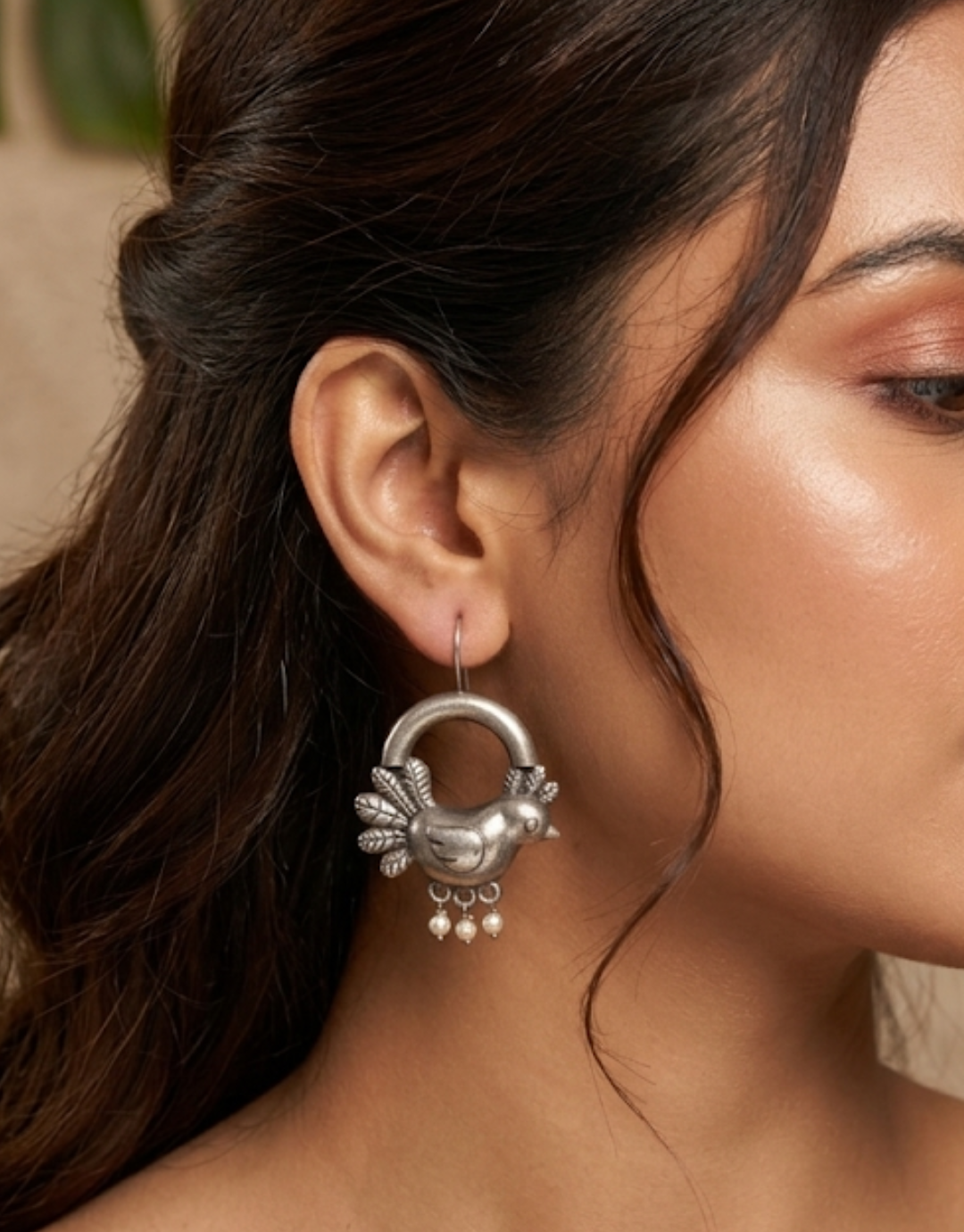 Artisan Sterling Silver Bird Hoop Earrings with Pearl Drops