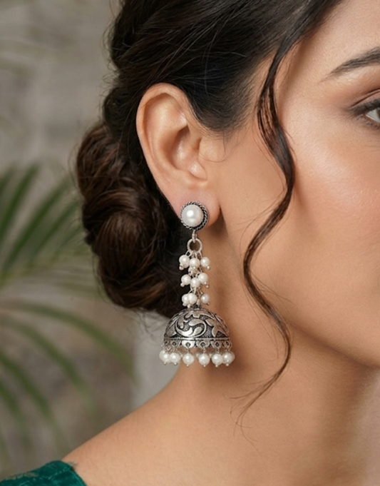 Silver Jhumkas with White Pearl Clusters – Ethnic Boho Style Statement Earrings