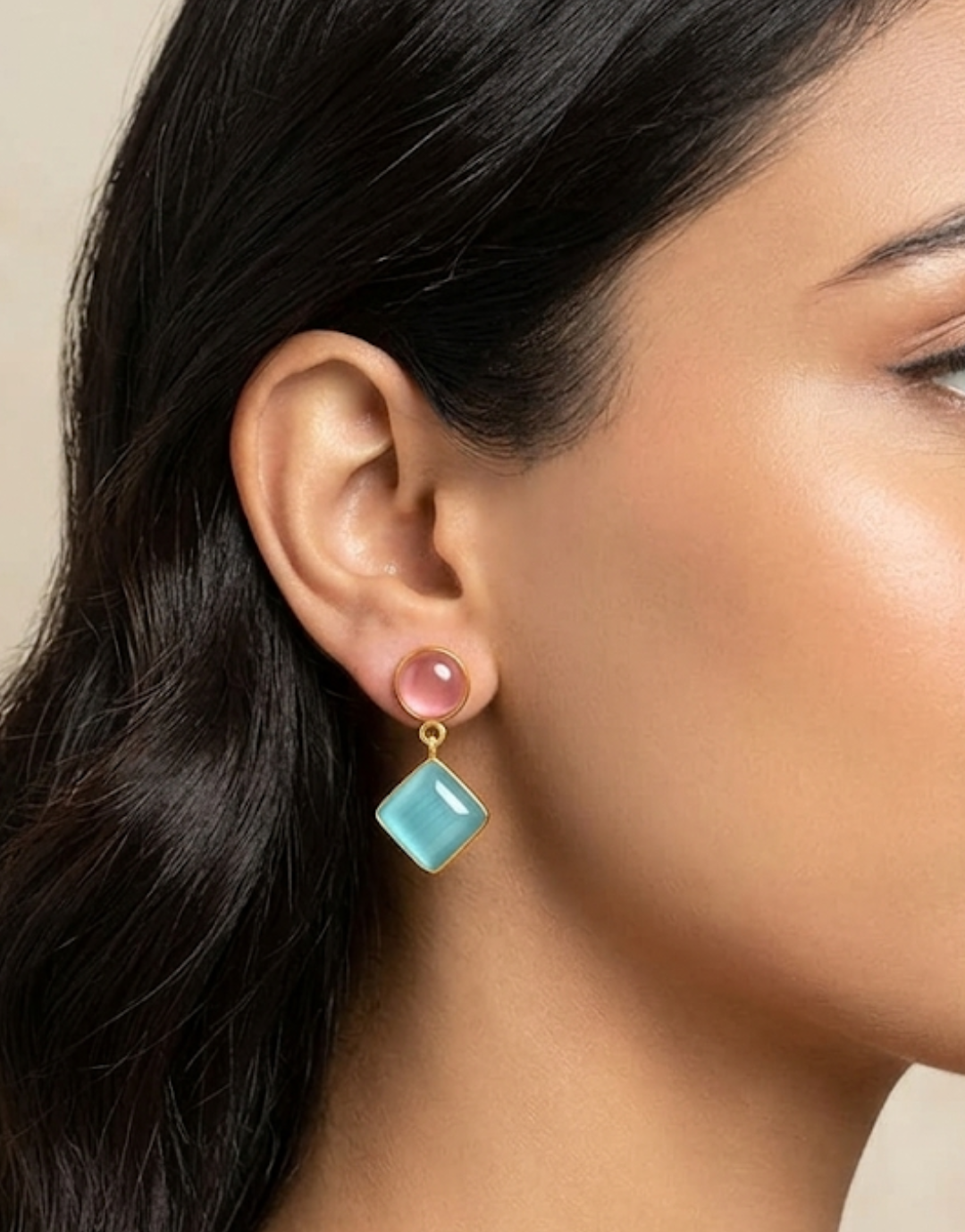 Dual-Tone Gemstone Drop Earrings – Pink Cabochon & Aqua Quartz