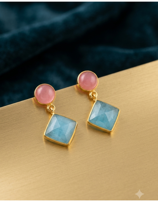 Dual-Tone Gemstone Drop Earrings – Pink Cabochon & Aqua Quartz