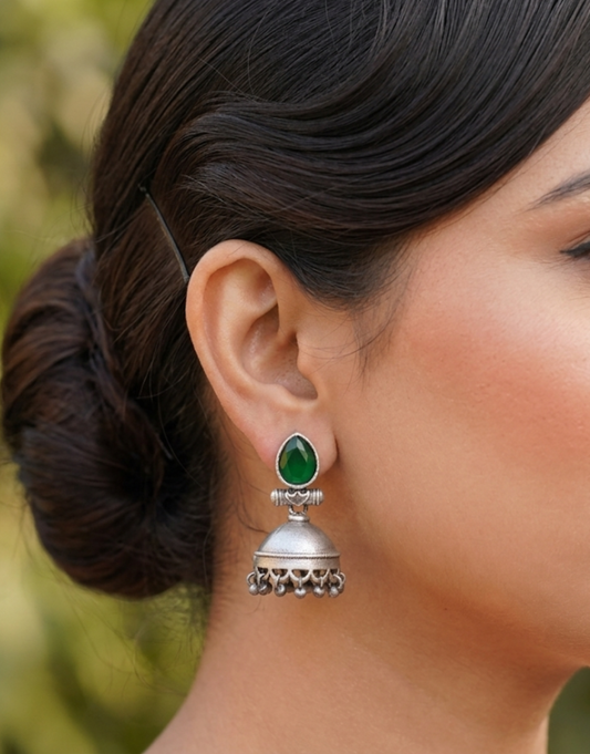 Emerald Green Stone Oxidized Silver Jhumkas