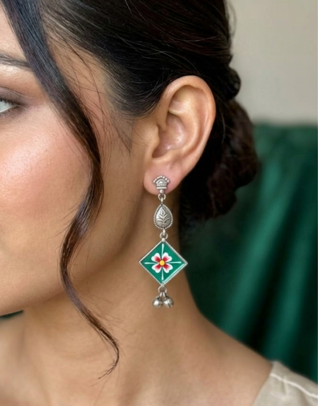 Hand-Painted Meenakari Emerald Flower Silver Dangle Earrings