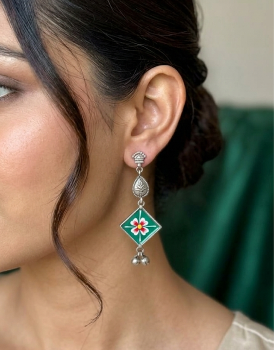 Hand-Painted Meenakari Emerald Flower Silver Dangle Earrings