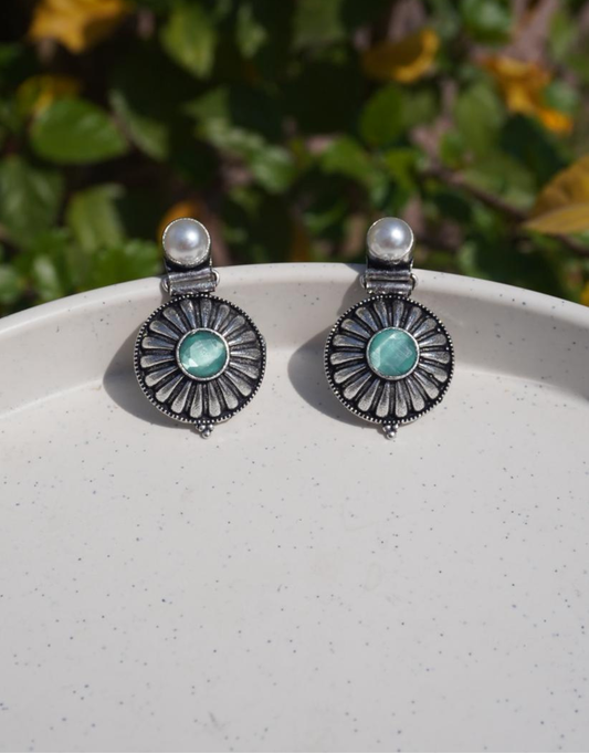 Vintage Oxidized Silver Sunflower Earrings with Sea-Green Stone & Pearl Accent