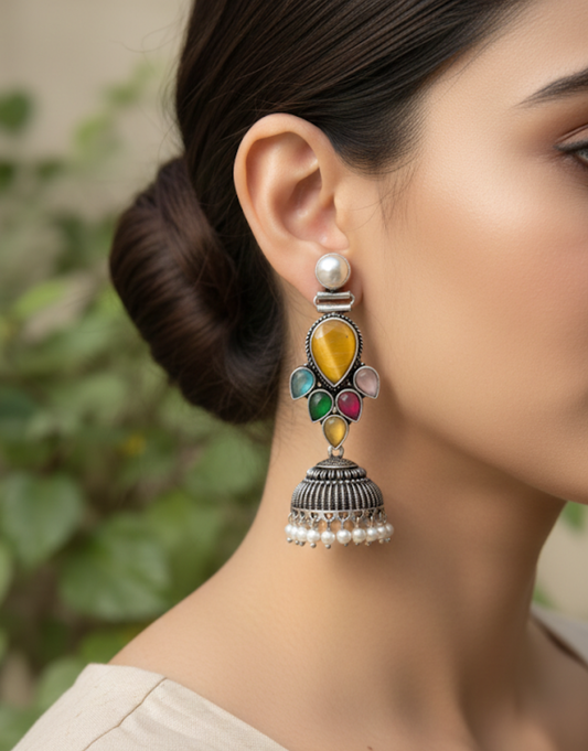 Antique Silver-Finish Multicolored Stone Jhumka Earrings with Pearl Accents