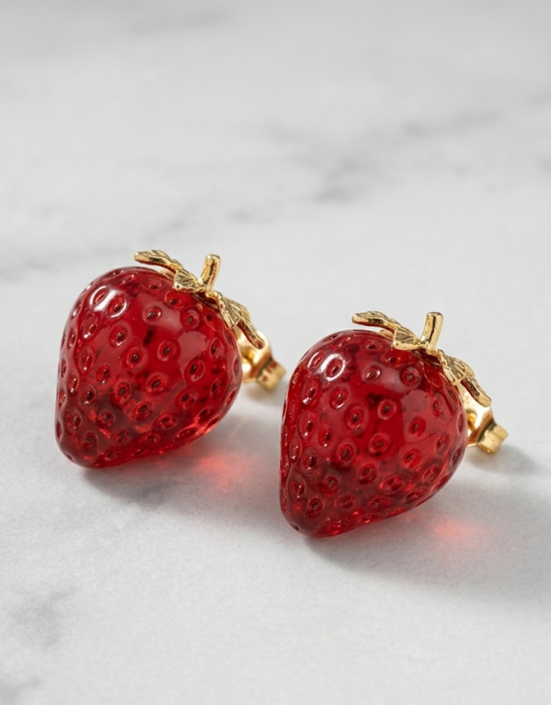 Red Resin Strawberry Earrings – Gold-Tone Leaf Accent