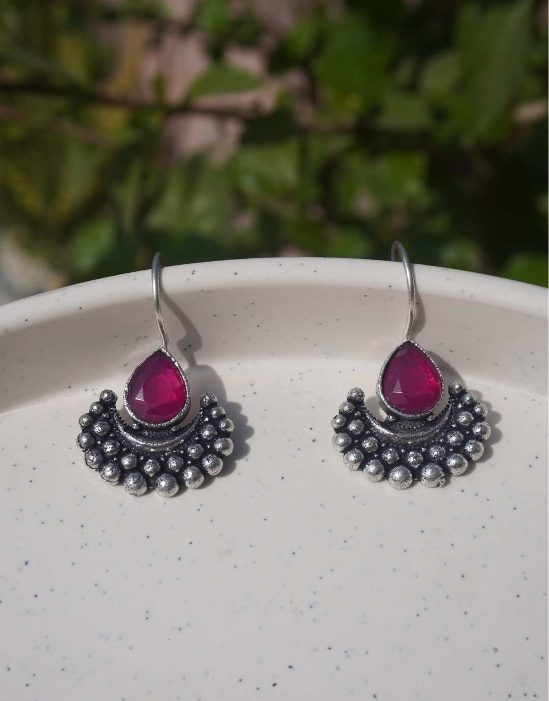 Crescent Drop Earrings with Pear-Cut Green Gemstone | Oxidized Silver