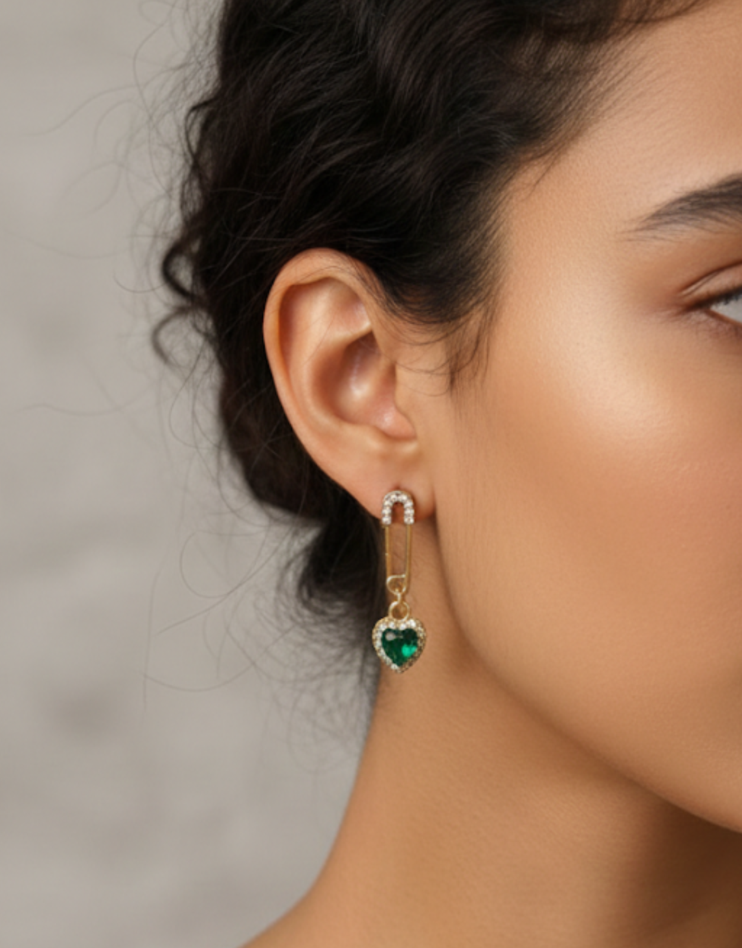 Crystal Encrusted Green Heart Safety Pin Earrings - Gold Dangle Hearts