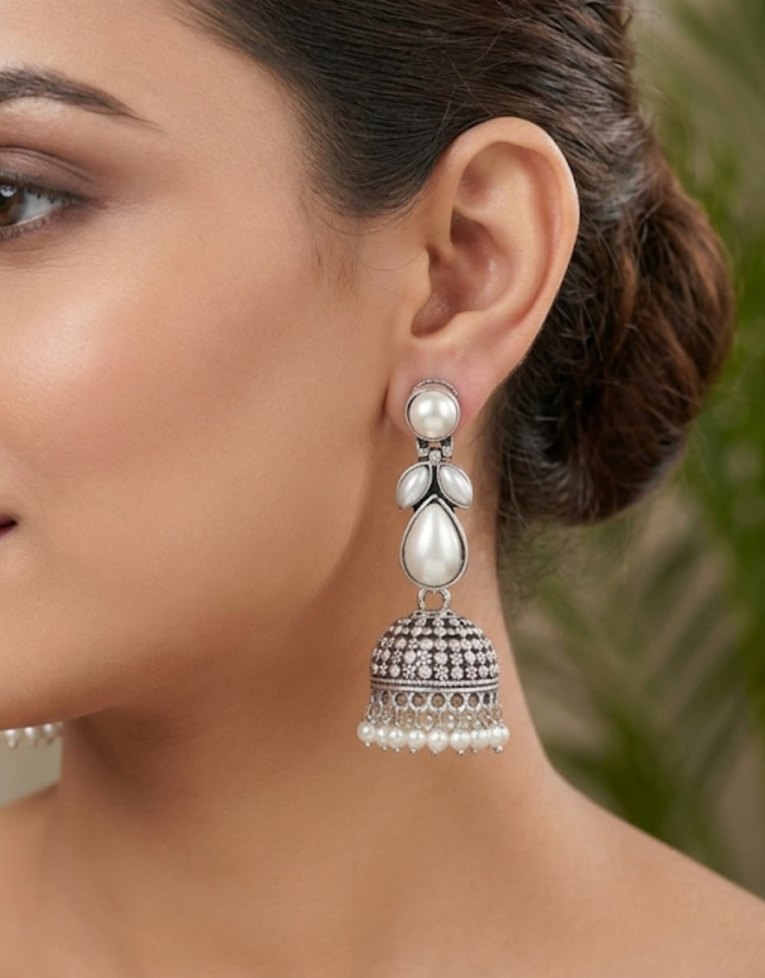 Elegant Pearl-Studded Oxidized Silver Jhumka Earrings