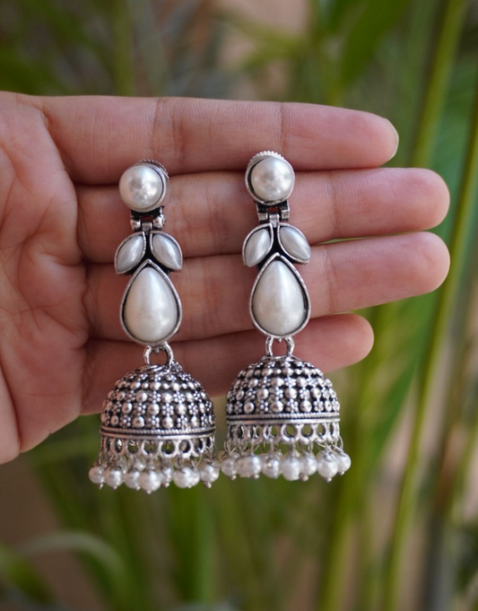 Elegant Pearl-Studded Oxidized Silver Jhumka Earrings