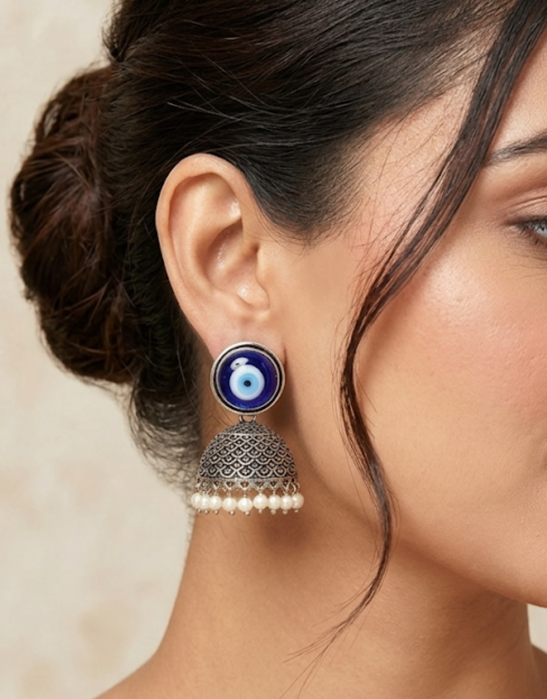 Oxidized Silver Evil Eye Jhumka Earrings with Pearl Droplets