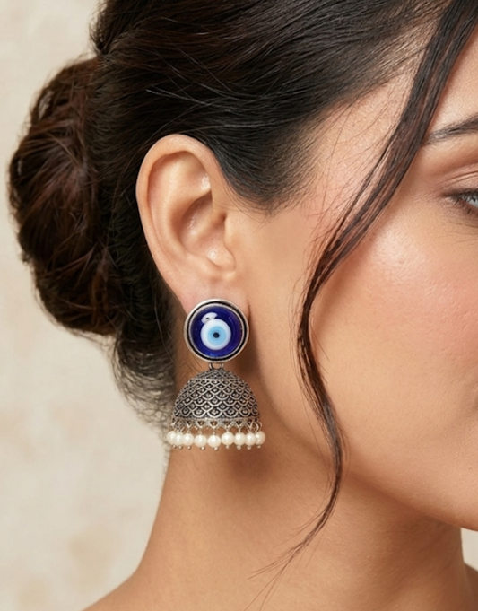Oxidized Silver Evil Eye Jhumka Earrings with Pearl Droplets