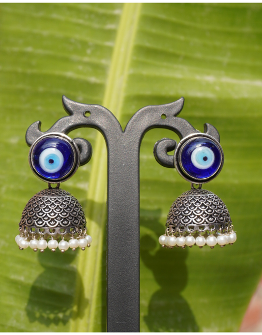 Oxidized Silver Evil Eye Jhumka Earrings with Pearl Droplets