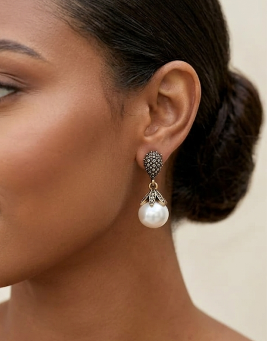 Vintage Luster Pearl & Pavé-Crystal Drop Earrings