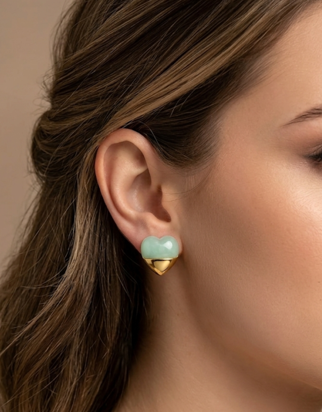 Dual-Tone Jade & Gold Heart Stud Earrings