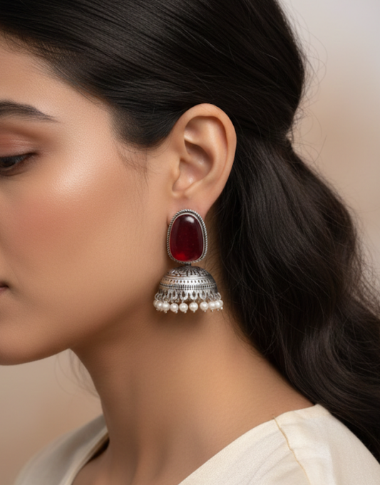 Royal Crimson Jhumka Earrings – Oxidized Silver & Ruby Red Stone