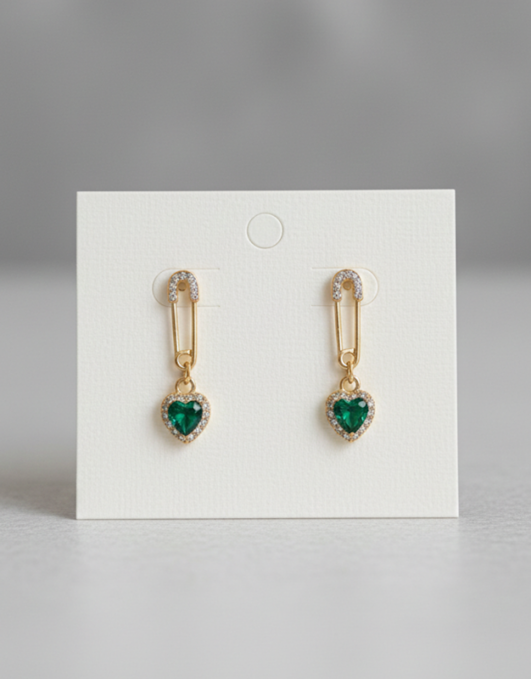 Crystal Encrusted Green Heart Safety Pin Earrings - Gold Dangle Hearts