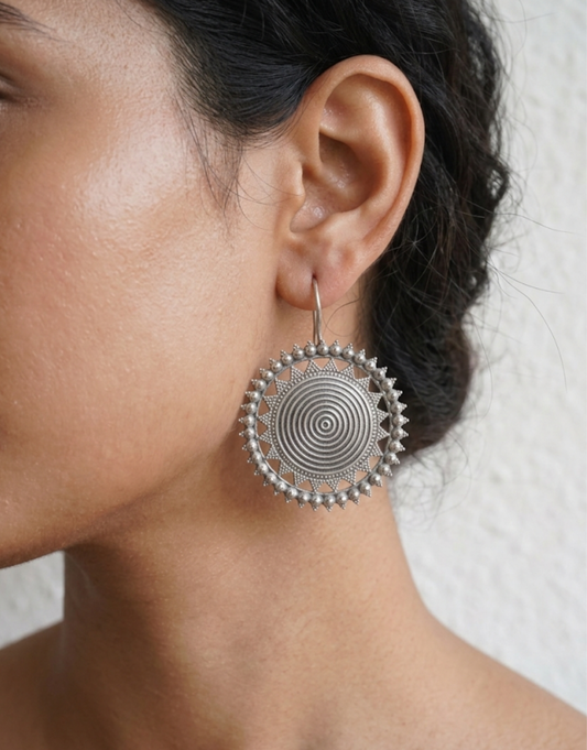 Mandala Spiral Drop Earrings – Tribal Sunburst Statement Jewelry
