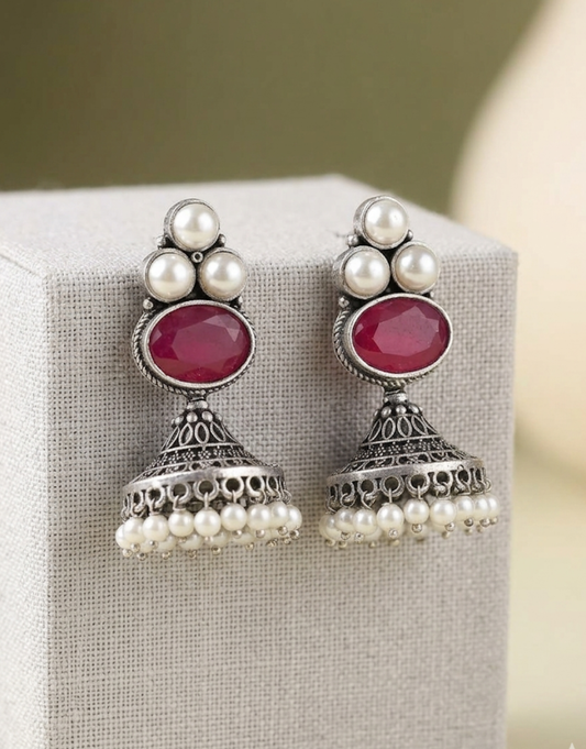 Antique Silver-Plated Jhumka Earrings with Ruby Pink Stone and Pearl Accents
