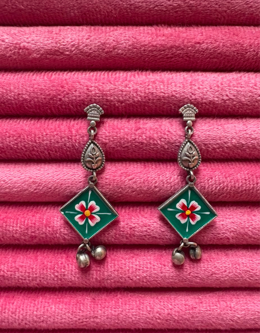 Hand-Painted Meenakari Emerald Flower Silver Dangle Earrings