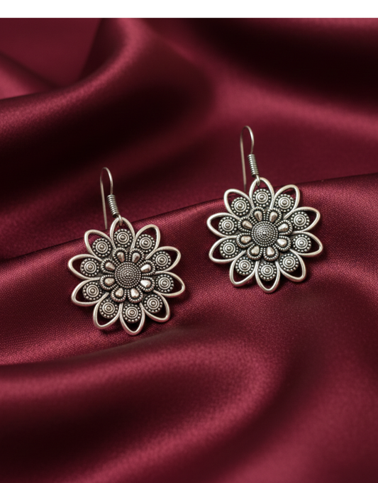 Oxidized Silver Sunflower Drop Earrings