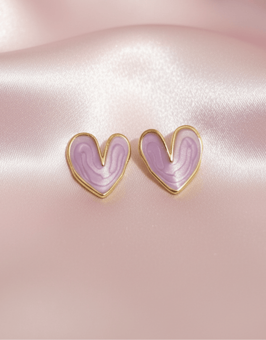 Lavender Dreams: Hand-Enameled Heart Stud Earrings in Gold
