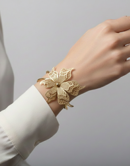Gilded Orchid Filigree Statement Cuff Bracelet– Intricate Floral Gold