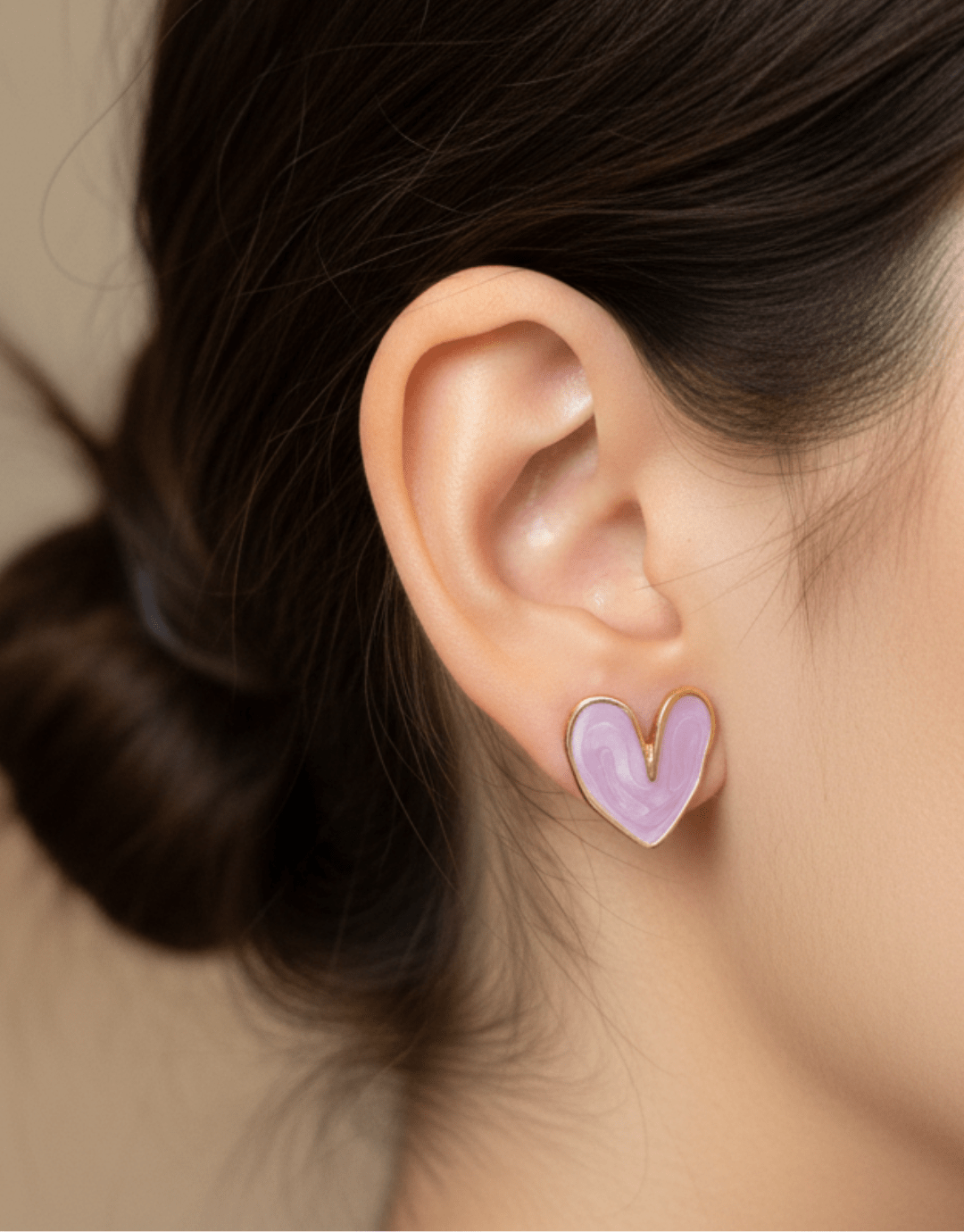 Lavender Dreams: Hand-Enameled Heart Stud Earrings in Gold