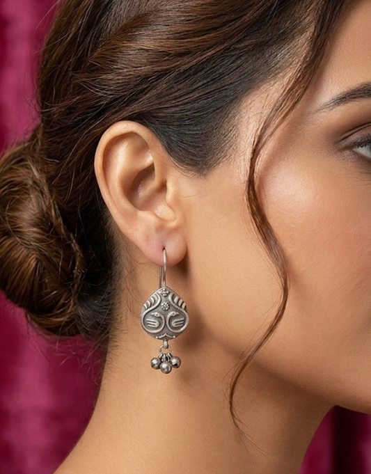 Silver Bird Motif Earrings | Antique Finish Dangle Drop Earrings
