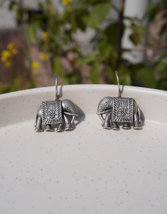 Antique-Finish Oxidized Silver Elephant Drop Earrings
