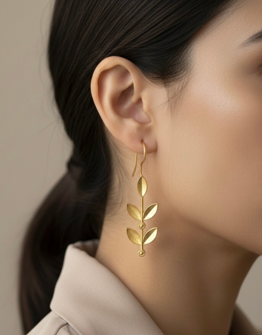 Apollo Leaf Dangle Earring – Sleek Brass-Tone Nature Motif Jewelry