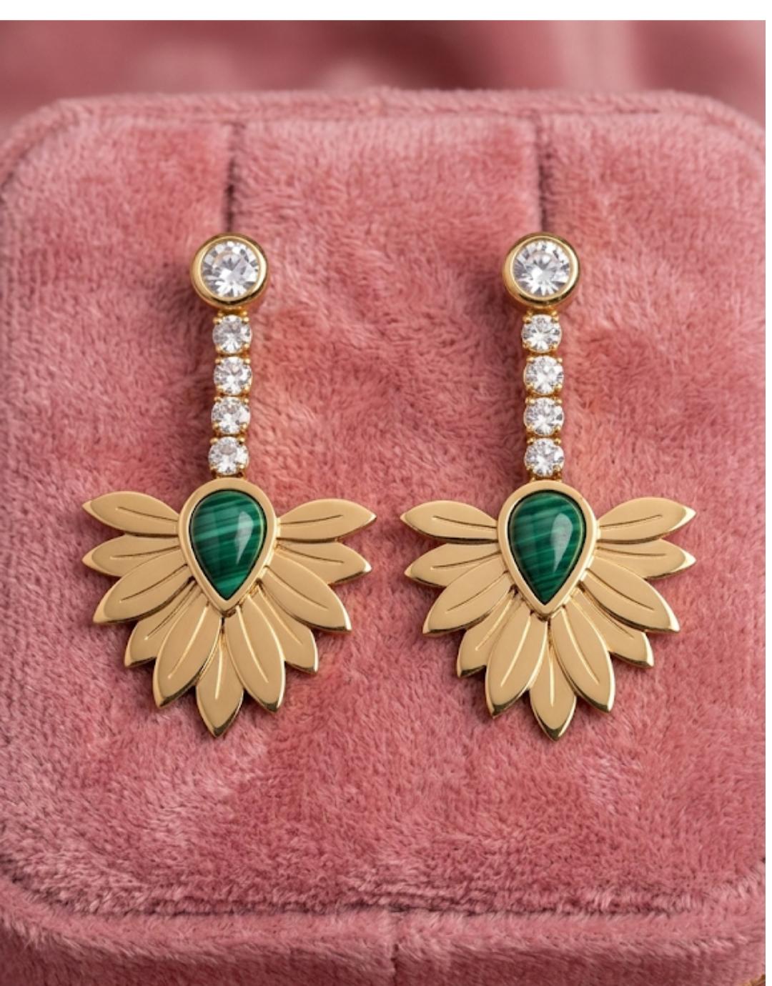 GoldenEmerald Green Teardrop Fan Earrings | Vintage Art Deco Statement Dangles