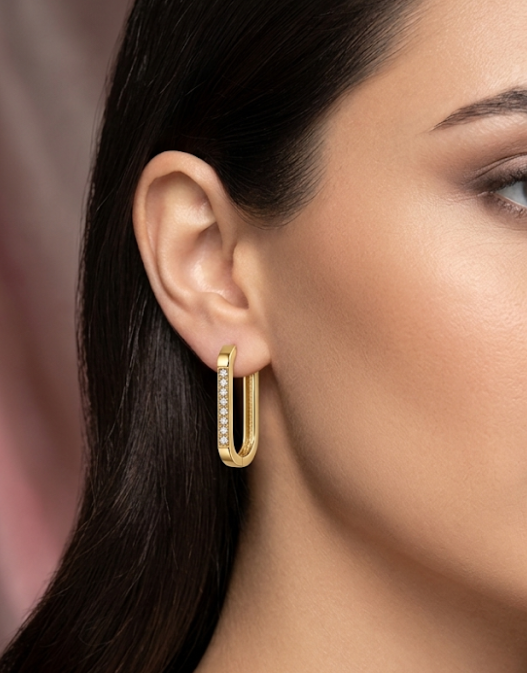 Golden Rectangular Huggie Hoop Earrings with Pavé