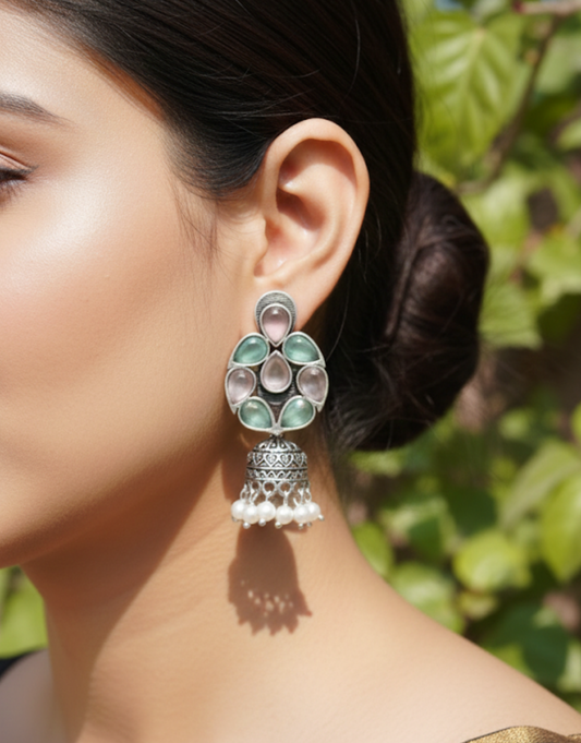 Pastel Harmony Silver-Toned Jhumka Earrings with Quartz Accents